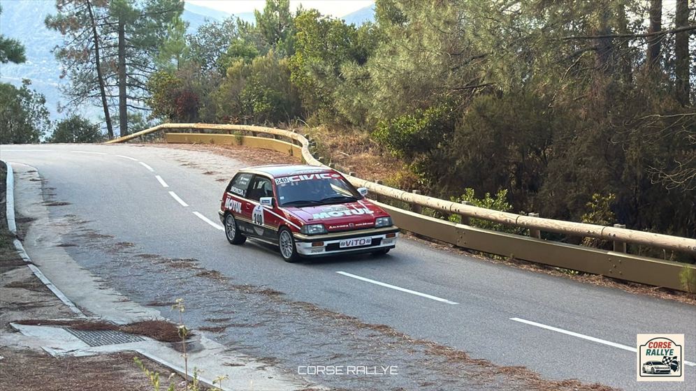 La Civic dans un virage bordé de pins (photo Corse Rallye)